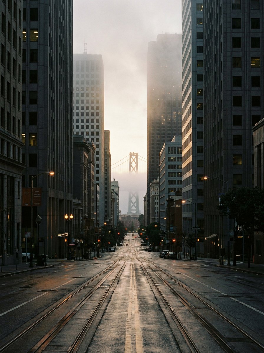 California Street in San Francisco's Financial District, cable car tracks leading toward the Bay Bridge in fog